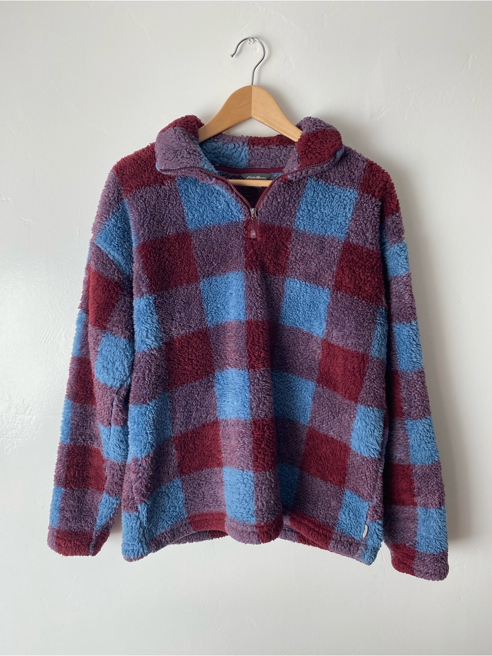 Eddie Bauer 1/4 Zip Plaid Sherpa Pullover Burgundy and Blue Size L Teddy Fleece
